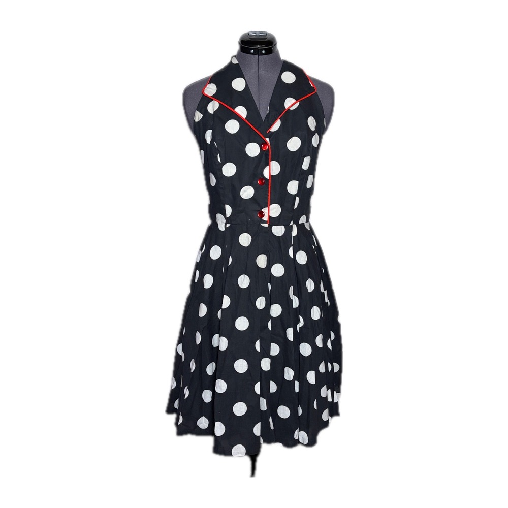 Vintage 50s Polka Dot Halter Dress Rockabilly Black White Red B34 W30 S/M